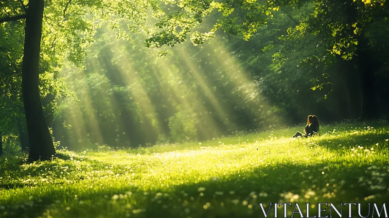 Tranquil forest scene with sunbeams and solitary figure, natural style.