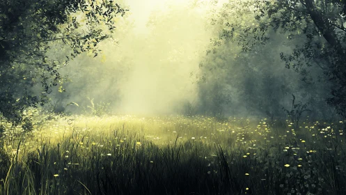 Sunlit forest clearing with dreamy wildflower whispers.