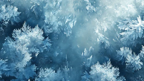 Aerial winter canopy with dense frost laden conifer trees