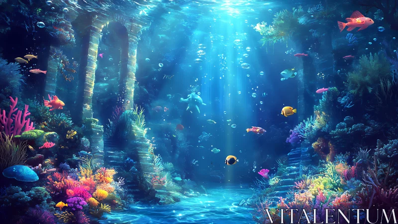 Sunlit ruins in a vibrant coral reef undersea sanctuary.