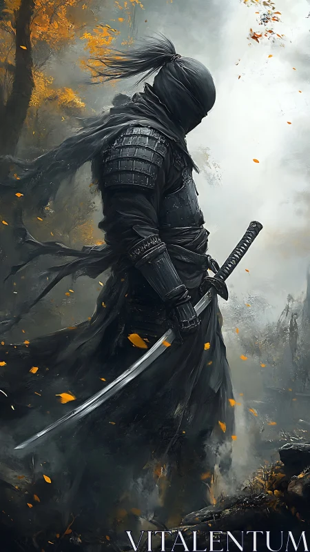 Masked armored swordsman in misty autumn forest scene.