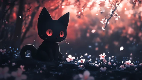 Black cat in soft pink forest with glowing blossoms.