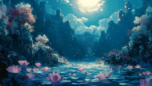 Moonlit lotus lake extends between steep forested cliffs