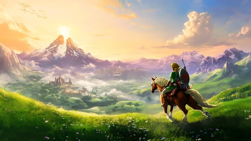 Heroic rider surveys vast fantasy valley at sunrise