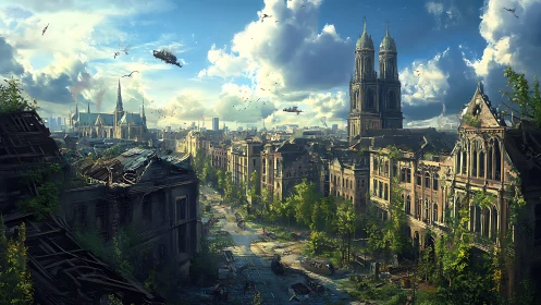 Post-apocalyptic boulevard shows neo-gothic ruins and aerial craft