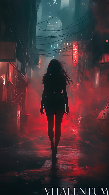Silhouetted woman walks through red fog in neon city alley.