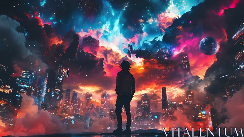 Silhouette in futuristic city under vivid cosmic sky at night.