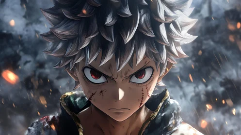 Battle-scarred anime hero glares through storm and embers.