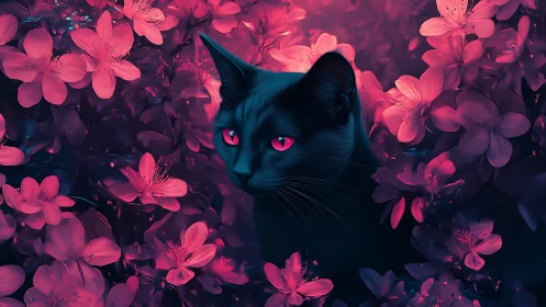 Black cat with magenta eyes surrounded by pink flowers