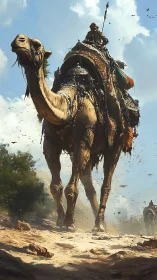 Nomad rider atop armored camel under stormy desert sky.