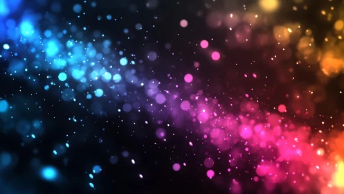 Vibrant abstract bokeh lights in blue, pink, and gold tones.