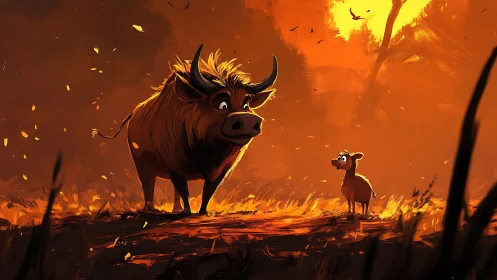 Two stylized bovines stand in a firelit forest clearing