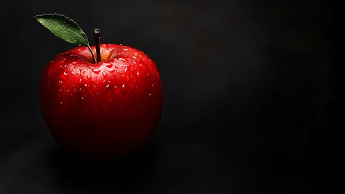 Red apple with water droplets on dark black background.