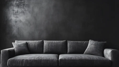 Monochrome velvet sofa against textured charcoal wall backdrop.