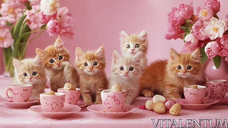 Kittens Arranged with Floral Elements and Tea Service Setup.