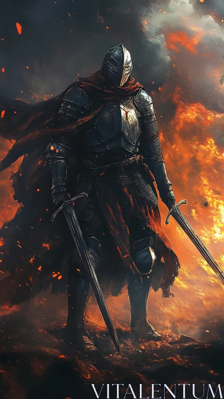 Armored dark knight stands amid inferno with dual swords drawn