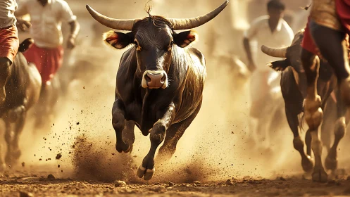 Charging bull cuts through golden dust in village race.