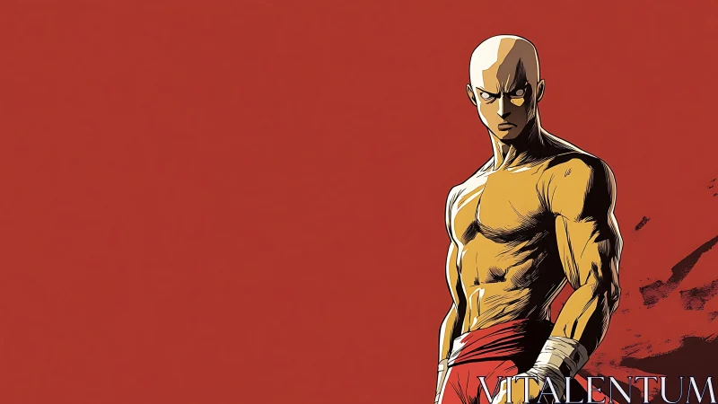 Bare-chested anime warrior smolders on burning red stage.