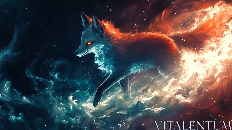 Starlit ember fox strides through swirling cosmic firestorm.