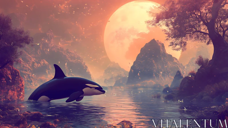Orca swims through surreal valley lake under giant moon glow