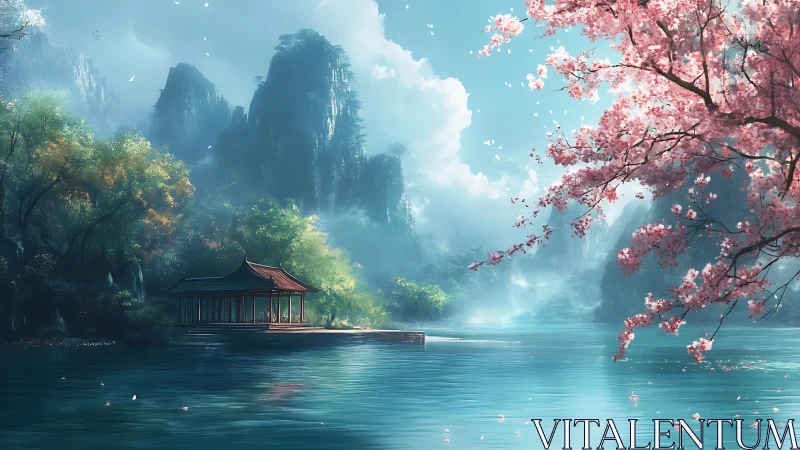 Digital painting of serene lakeside pavilion and blossoms.