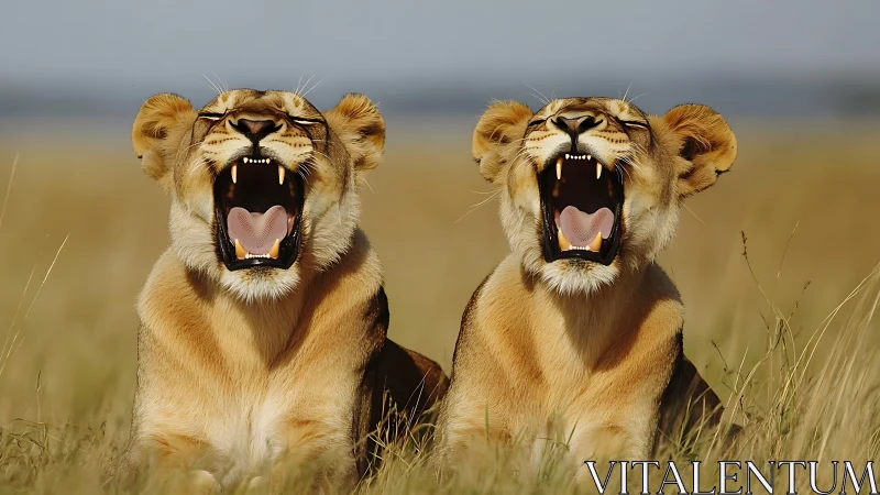 Two lionesses yawning with mouths wide open in savanna grassland