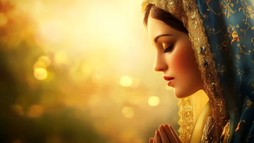 Woman in ornate blue veil praying in warm golden light.