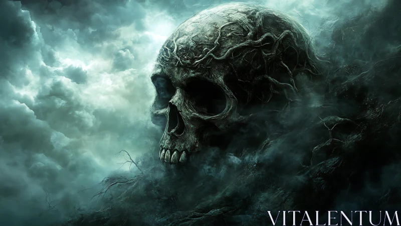 Stormlit rootbound skull drifting through haunted mist.