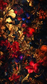 Baroque floral abstraction with metallic gold leaves and saturated blooms