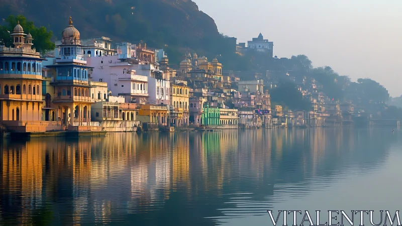 Morning mist over colorful riverside architecture in India