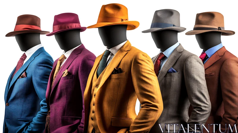 Stylish faceless mannequins in colorful tailored suits.