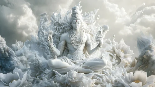 Serene celestial deity resting in a cloud of soft blossoms.