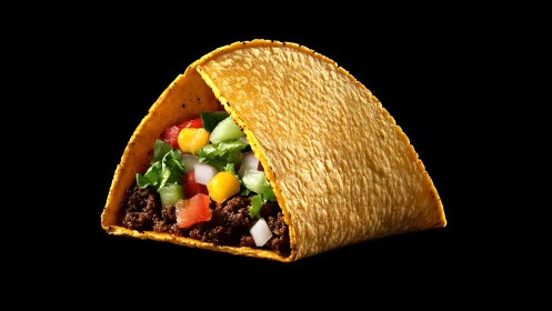 Hard shell taco with ground beef and fresh vegetables.
