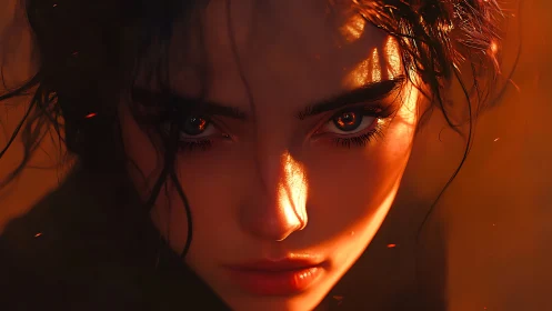 Fiery gaze in twilight glow, a quiet storm of resolve.