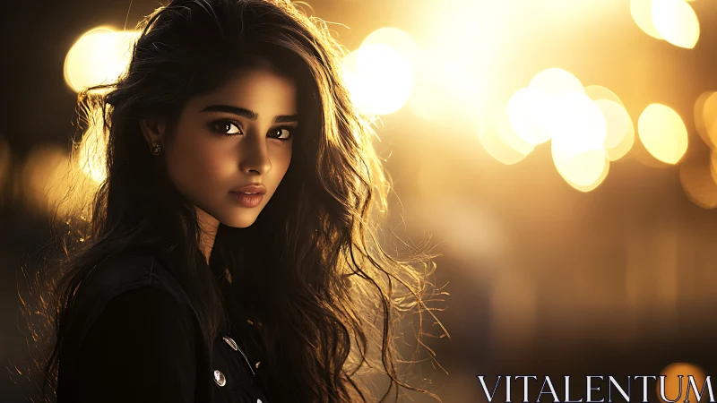 Photorealistic sunset portrait with cinematic bokeh lighting.