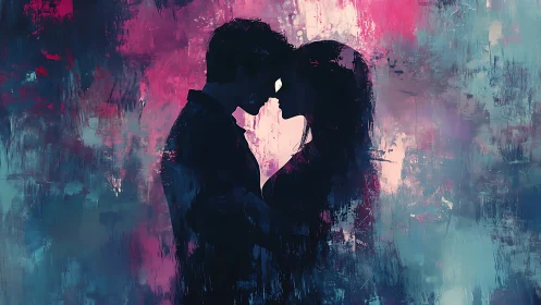 Silhouetted couple embracing amidst vibrant abstract brushstrokes.