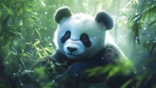 Luminous bamboo glade with hyper-detailed juvenile panda study.