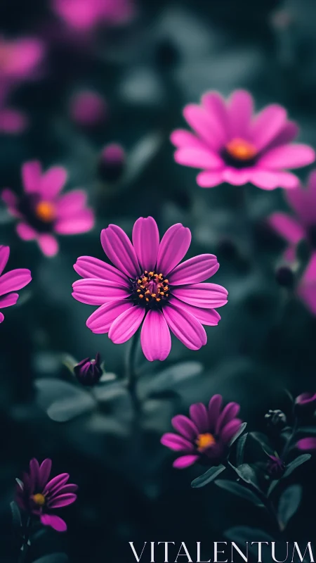 Pink zinnia flowers with selective focus depth rendering in teal ambient environment