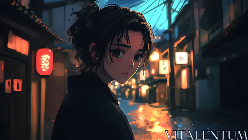 Lanternlit alley wanderer pausing in dusk-tinted rain.