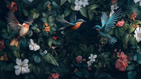 Colorful birds hover among dense flowers and leaves