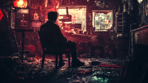 Solitary figure in a neon-soaked, rain-damaged hideout.