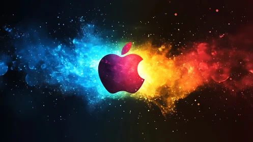 Apple-shaped logo centered in multicolor nebula-like cloud