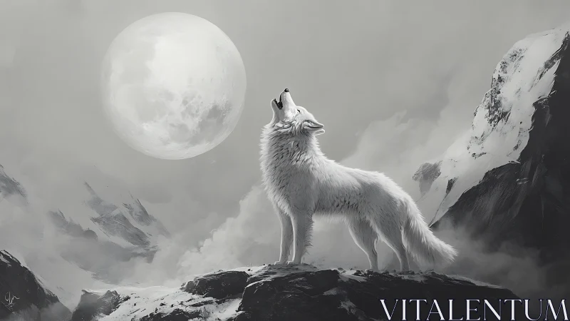Lone moonlit snow wolf singing over silver mountain hush.