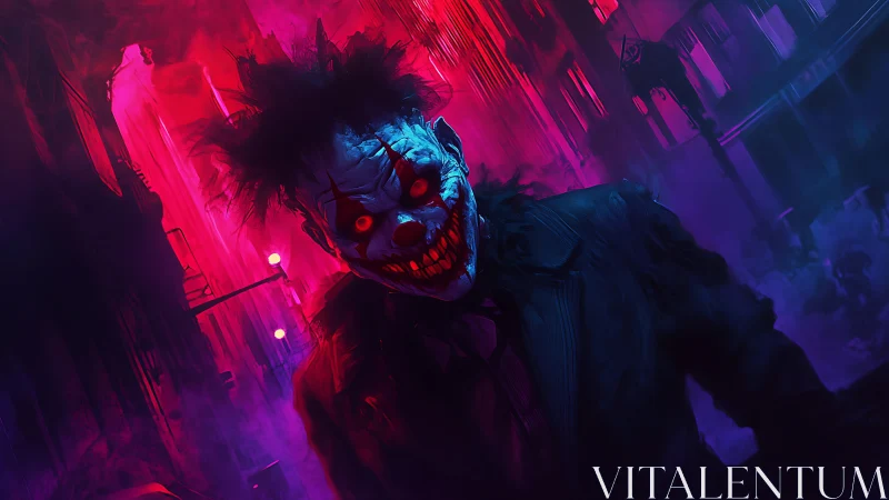 Grinning clown figure in neon lit urban alleyway at night.