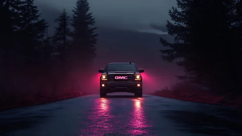 GMC truck cuts neon mist on wet forest highway at dusk.