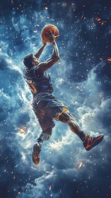 Dynamic digital painting of airborne basketball dunk action.