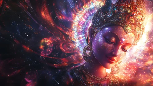 Cosmic goddess portrait in radiant nebula lightscape.