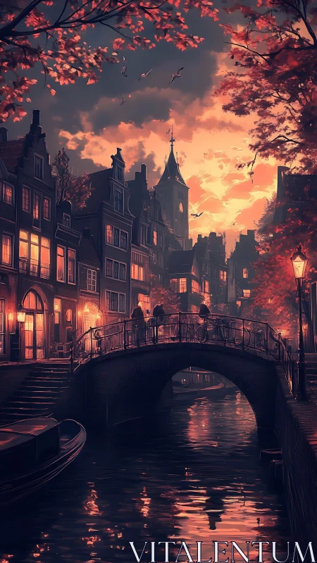 Twilight canal bridge under fiery autumn sky reflections.