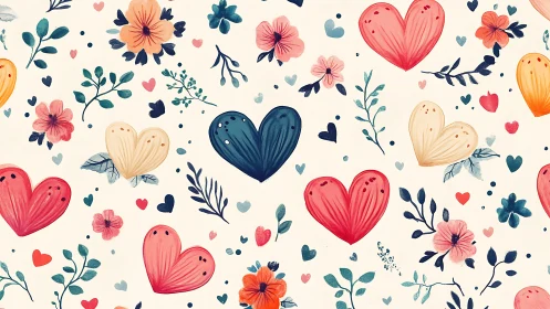 Floral Heart Pattern with Botanical Elements and Soft Color Palette.