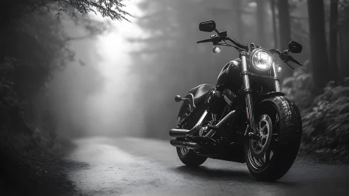 Powerful black motorcycle waits on misty forest road.